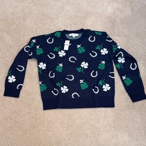 LOFT Navy Sweater with Green and White Clover & Horseshoe Design, size m, NWT
